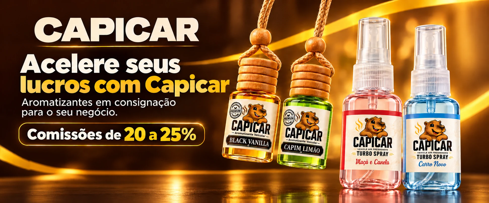 Capicar: acelere seus lucros com aromatizantes em consignação para o seu negócio. Comissões de 20 a 25%. Produtos Pendente e Turbo Spray.